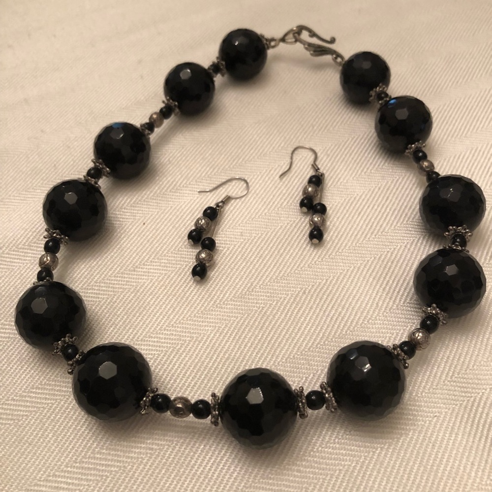 Faceted Black Onyx Necklace with Earrings